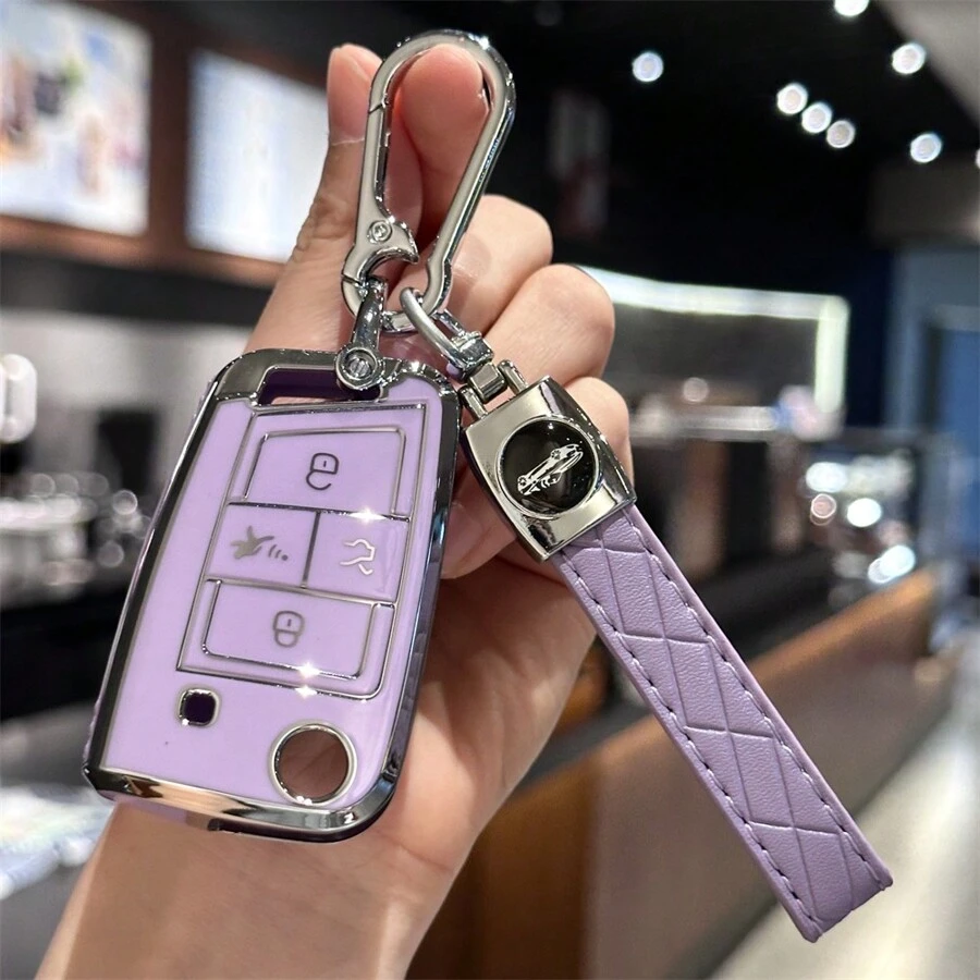 带钥匙扣的钥匙扣盖适用于 Atlas 适用于 Golf 适用于 GTI 适用于 Jetta 适用于 Tiguan 汽车钥匙包，全面保护，4 个按钮