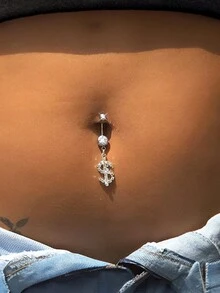 1 件夜店风格银色闪亮水钻美元 USD 字符吊坠肚脐钉适合辣妹、女性日常佩戴抗过敏不锈钢穿刺肚脐配件 - 彩色 - 查看 1