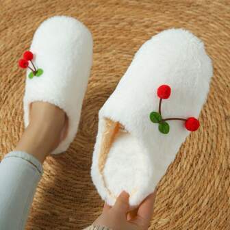 毛绒可爱水果樱桃安静无声柔软室内拖鞋