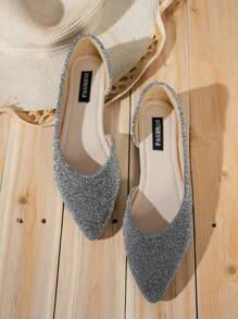 女士尖头平底舒适鞋闪亮亮片侧边镂空大码适合所有季节舒适金属质感一脚蹬 - 銀色 - 查看 5