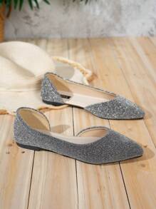 女士尖头平底舒适鞋闪亮亮片侧边镂空大码适合所有季节舒适金属质感一脚蹬 - 銀色 - 查看 6