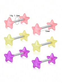 CIZME 16mm 14G Stainless Steel Straight Barbell Piercing Jewelry With Colorful Moon & Star Designs, Unisex Tongue/Nipple Ring - Straight Barbells - View 3