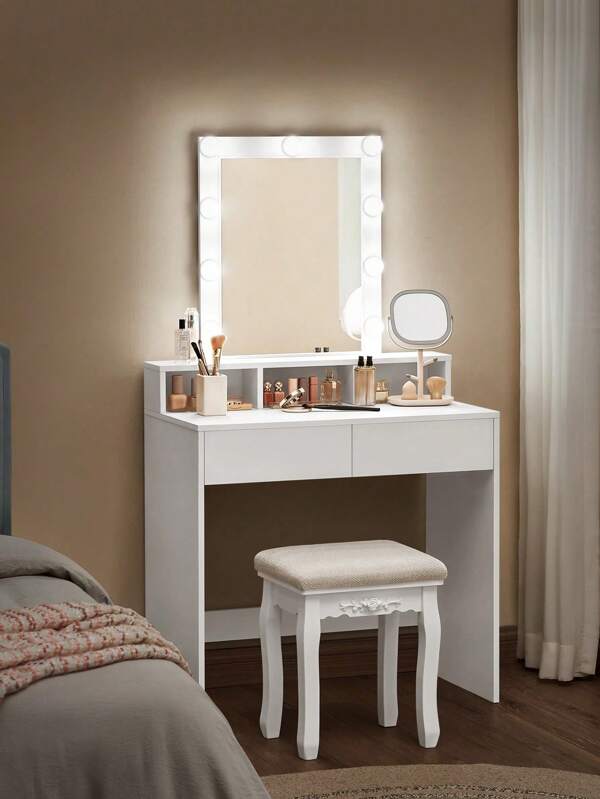 VASAGLE Toeletta, Luce LED con Luminosità Regolabile, Tavolo da Trucco con Specchio, 2 Cassetti e 3 Scomparti, Postazione Trucco, Moderno, Nero/Bianco
