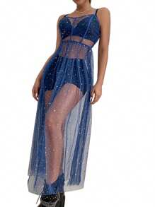 Women Cover Up Dress, Sleeveless Square Neck Beach Holiday Sequined Split Midi Beach Smock - Azul - Ver 3