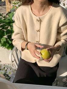 Women's Solid Color Long Sleeve Bow Button Loose Knit Cardigan, Autumn/Winter - Apricot - View 4