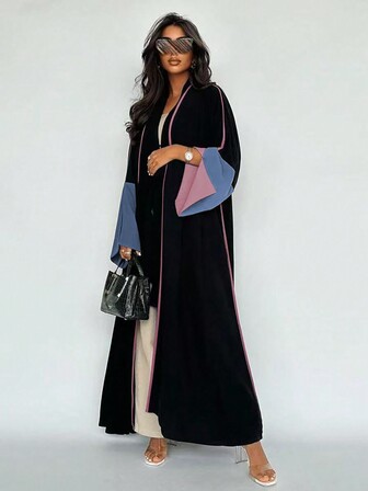Contrast Trim Casual Retro Style Long Sleeve Robe, Modest Abaya