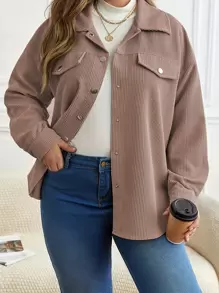 Plus Size Casual Solid Color Shirt Collar With Fake Pocket Jacket