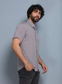 Men's Plain Short Sleeve Button Down Shirt In VISCOSE / Men's Blouse / Dress Shirt - 灰色 - 查看 3