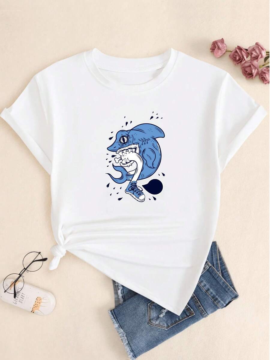Women's T-Shirt Printed Shark Bravo Casual Babylook Premium Comfort Sweet Sexy Sophisticated Versatile Hot Girl Tight Elegant Comfortable - 白色的 - 查看 1