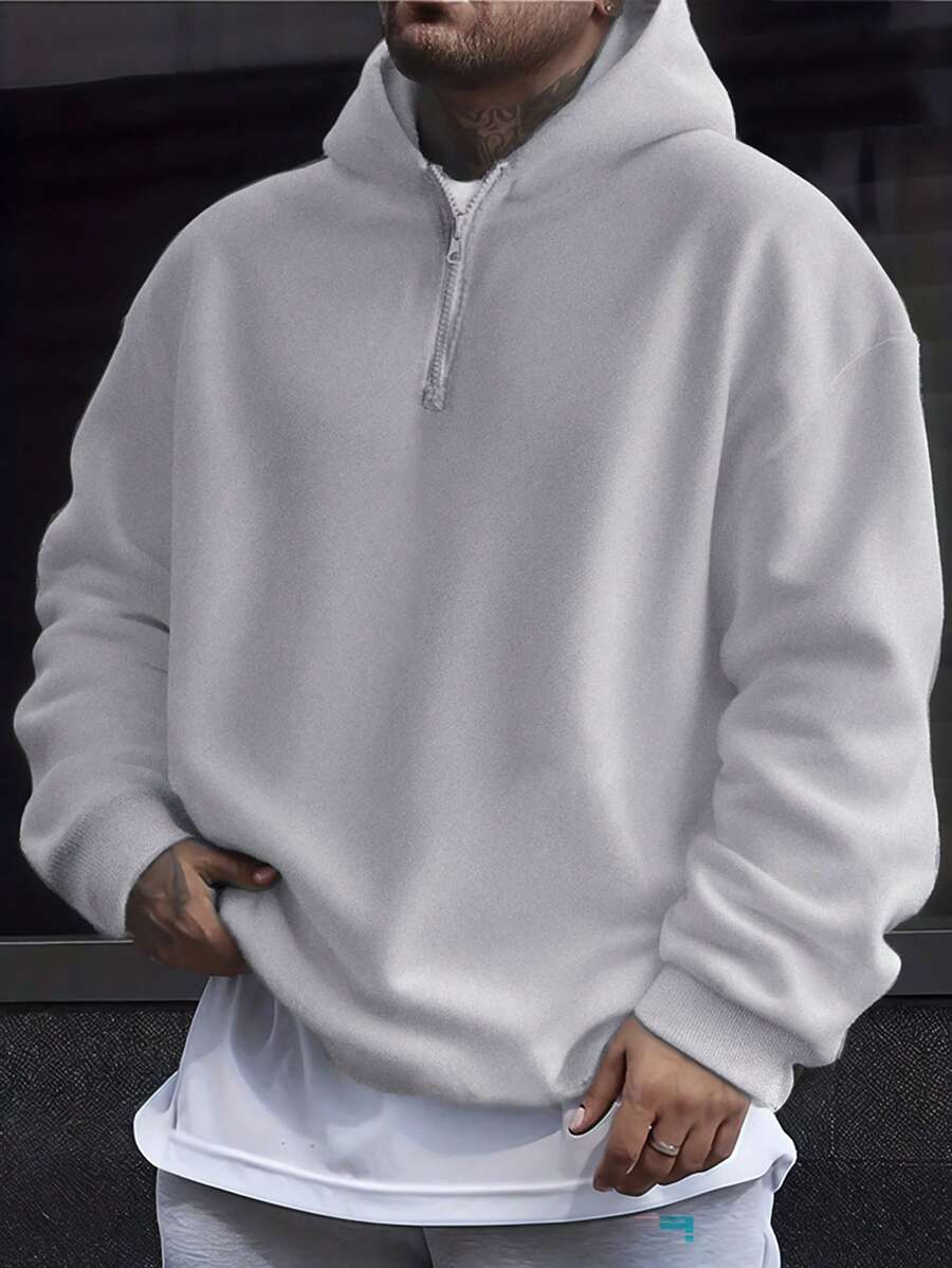 Moletom Casual Masculino de Cor Sólida, Estilo Universitário, Solto e Versátil, com Zíper Até a Metade - Cinza Claro - Visão 1