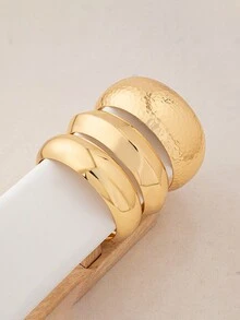 3 件夸张复古金属锤纹圆形混合风格朋克手镯套装，厚重珠宝，简约时尚女士 - 手鐲 - 查看 4