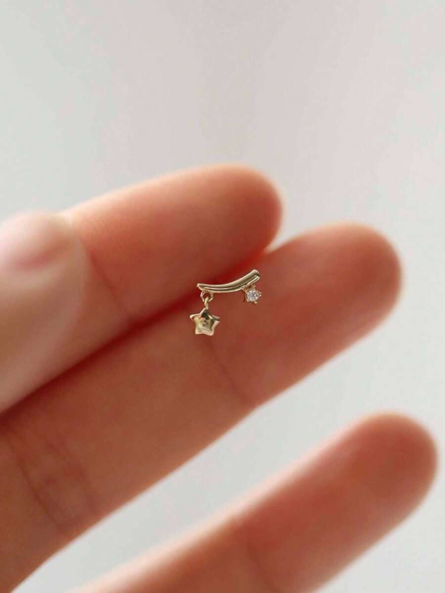 1pair S925 Sterling Silver Star Fringe Curved Stud Earrings For Women, Cute Daily Jewelry, Student/Friendship/Birthday Gift - View 1
