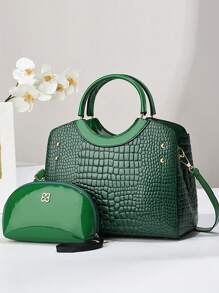 2 件女士鳄鱼压纹手提包套装 - 綠色 - 查看 1