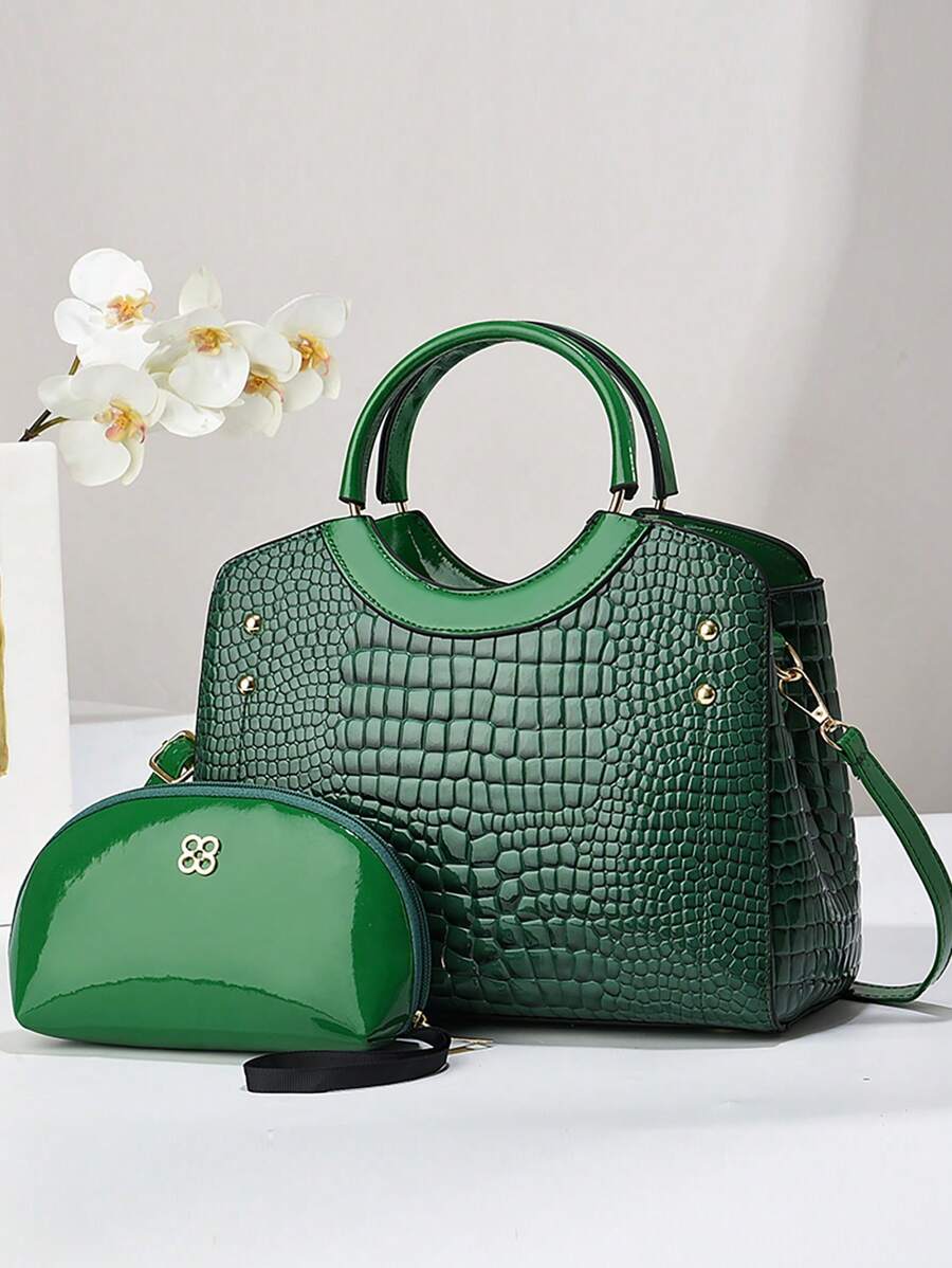 2 件女士鳄鱼压纹手提包套装 - 綠色 - 查看 1