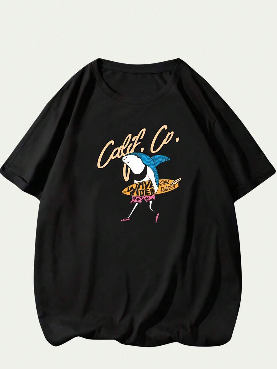 Men's T-Shirt Shark Print Wave Rider Surfer Fashion Casual T-Shirt Loose Versatile Sophisticated Modern Breathable Soft - 黑色 - 查看 1