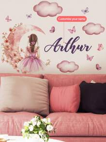 1 Piece 11.81 * 47.2 Inch Custom Text Wall Stickers, Moon Girl, Flowers, Butterflies, Stars, Cloud Cartoon Wall Stickers, Self-Adhesive Paintings For Bedroom, Living Room, Study, Classroom Decoration, PVC Removable, Valentine's Day, Valentine's Day Decor Adhesive Stylish,Adorable,Colorful Custom,Personalized,Unique Ideal Gifts For Her Friends,Son,Daughter,School Students,Workers,Kids School,Home,Office Birthday Graduation