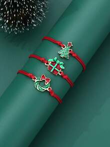 3 件套女孩圣诞树花环礼盒锌合金红绿珐琅水晶编织绳可调节手链套装适合圣诞节首饰佩戴 - 彩色 - 查看 5