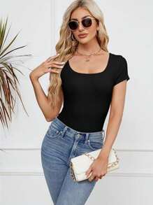 OUTBALL Women's Summer Scoop Neck Short Sleeve Ribbed Knit Slim Fitted Casual Basic TopT-Shirts - 黑色 - 查看 6