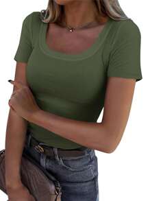 OUTBALL Women's Summer Scoop Neck Short Sleeve Ribbed Knit Slim Fitted Casual Basic TopT-Shirts - Màu xanh Ô liu - Xem 1