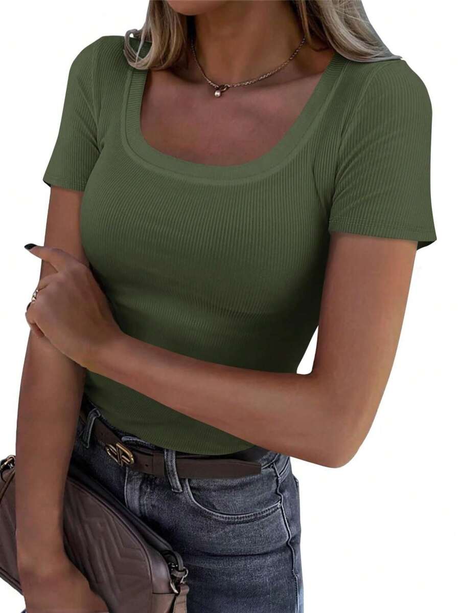 OUTBALL Women's Summer Scoop Neck Short Sleeve Ribbed Knit Slim Fitted Casual Basic TopT-Shirts - Màu xanh Ô liu - Xem 1