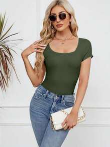 OUTBALL Women's Summer Scoop Neck Short Sleeve Ribbed Knit Slim Fitted Casual Basic TopT-Shirts - Màu xanh Ô liu - Xem 6