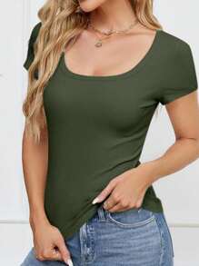 OUTBALL Women's Summer Scoop Neck Short Sleeve Ribbed Knit Slim Fitted Casual Basic TopT-Shirts - Màu xanh Ô liu - Xem 5
