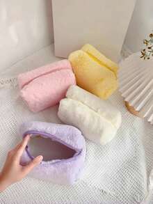 1 件毛绒铅笔盒，手提包，糖果色，便携，甜美，柔软粘性化妆包，铅笔盒，温暖冬季纯色毛皮化妆包女士柔软旅行化妆包收纳盒女士化妆盒必需品笔盒收纳袋 - 彩色 - 查看 3