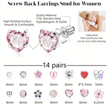 Hypoallergenic 316L Stainless Steel Stud Earrings For Girls Women, Screw Back Earrings For Sensitive Ears Cute Flower Butterfly Stud Hoop Earrings Screwback Girl Earrings 1-21 Pairs - Cubic Zirconia Earrings - View 10