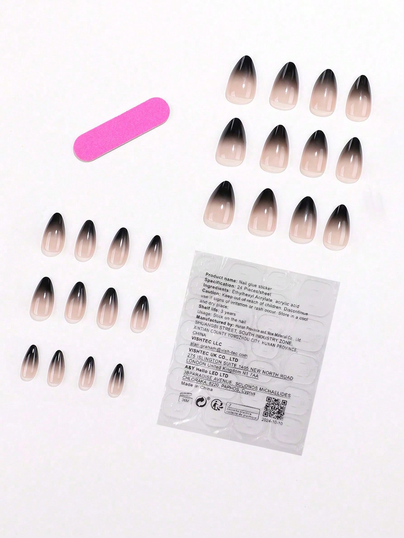 24 قطعة أظافر بشكل اللوز القصير ذات تدرج من الأسود...