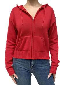 Womens Full Zip Knit Hoodies, Casual Solid Color Long Sleeve Drawstring Sweatshirts