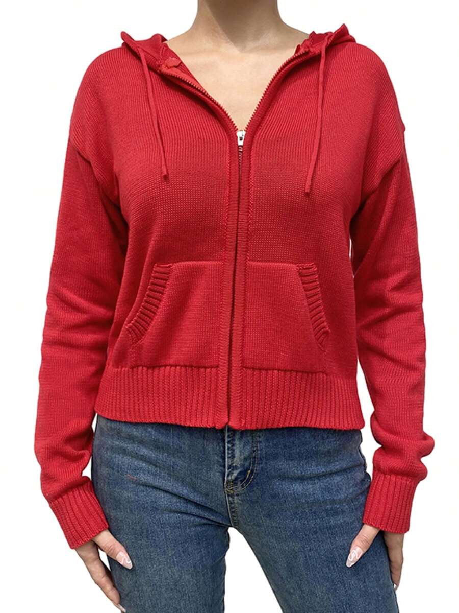 Womens Full Zip Knit Hoodies, Casual Solid Color Long Sleeve Drawstring Sweatshirts