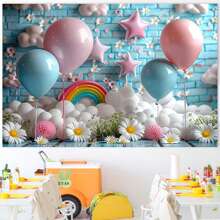 1pc Spring Rainbow Daisy Photography Backdrop, Colorful Rainbow Balloons Birthday Party Decor, Multi-Function Polyester Home Wall Decor Tapestry 210*150cm/150*100cm/100*75cm, For Christmas, Birthday Banner, Cake Table Decor, Christening Party, Baby Shower, Wedding, No Electric Required