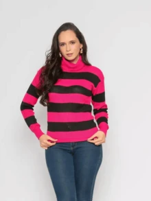Women's Turtleneck Long Sleeve Striped Knit Wool Long Sleeve Blouse - 玫紅色 - 查看 2