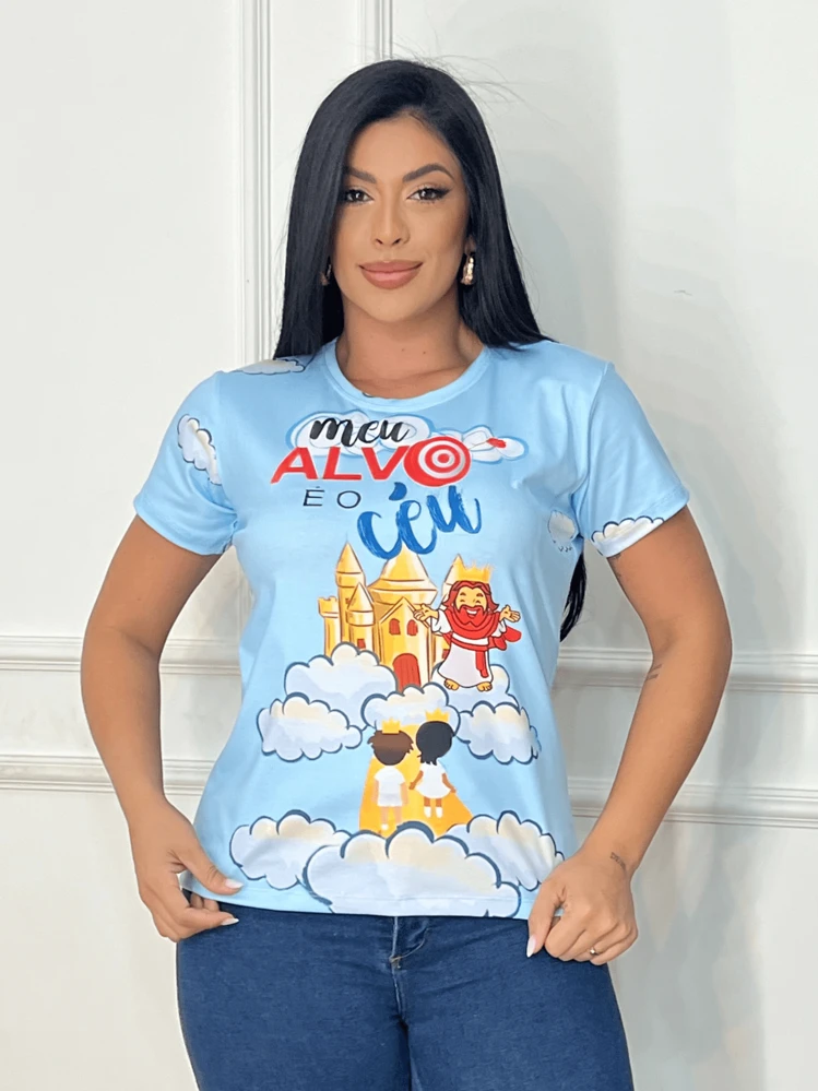 Blusa Feminina Camiseta Baby Look Estampada Meu Alvo é o Céu - Multicolorido - Visão 1