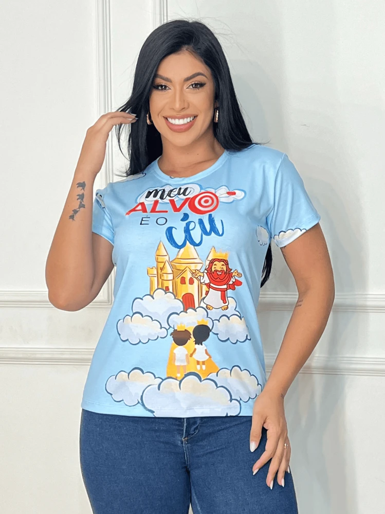 Blusa Feminina Camiseta Baby Look Estampada Meu Alvo é o Céu - Multicolorido - Visão 2