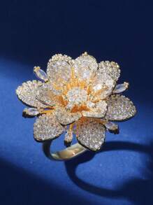 Copper Zirconia Stone Big Flower Ring, Fashion Adjustable Knuckle Ring Suitable For Party, Daily Wear And Holiday Gift