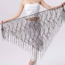 Hüfttuch für Frauen beim Bauchtanz mit Pailletten und Quasten, dreieckiges Wickelrock Hüftkette (Gesamtlänge 150cm)