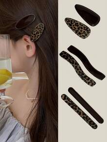 2 件装巧克力棕色和豹纹发夹，精致别致的狂野侧刘海夹，时尚发夹 - 彩色 - 查看 6