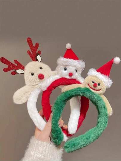 1pc Christmas Cute Headband, Plush Bear Hair Accessories, Reindeer Horn Holiday Hair Decor