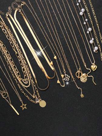 10pcs/12pcs/13pcs Set Simple Heart, Butterfly, Snake, Star, Waterdrop & Faux Pearl Pendant Necklace Set For Women, Gift For Date, Vacation, Daily Matching