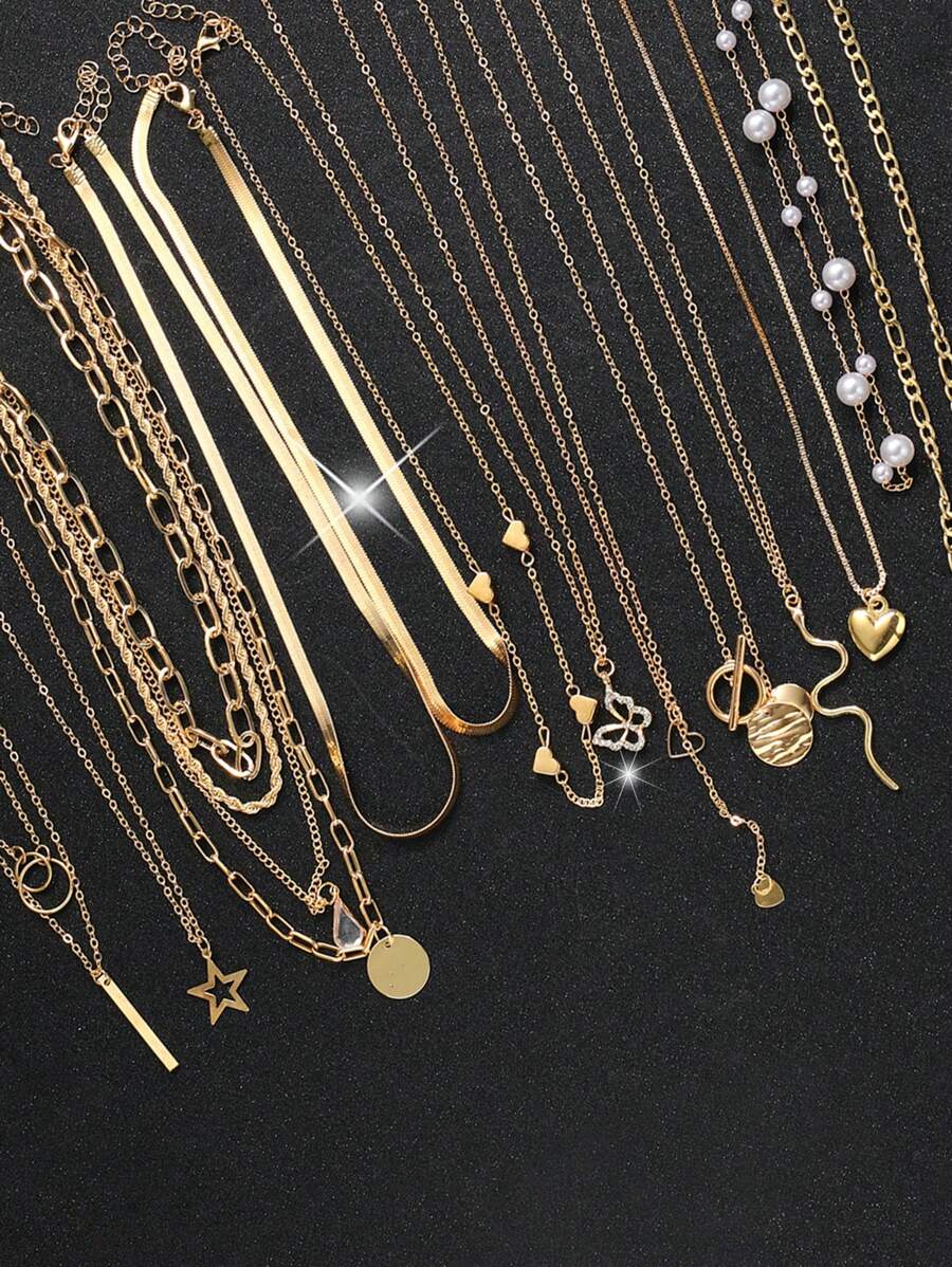 10 件/12 件/13 件套装简约心形、蝴蝶、蛇、星星、水滴和人造珍珠吊坠项链套装，适合女士，约会、度假、日常搭配礼物 - 彩色 - 查看 1