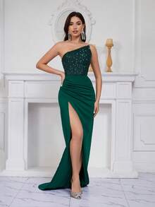 女士新款亮片拼接裹身裙，优雅无肩带派对礼服，鸡尾酒半正式舞会礼服，适合生日、婚礼嘉宾、毕业典礼、晚宴、返校节 - 墨綠色 - 查看 7