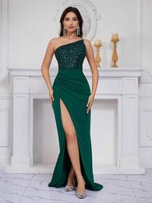 女士新款亮片拼接裹身裙，优雅无肩带派对礼服，鸡尾酒半正式舞会礼服，适合生日、婚礼嘉宾、毕业典礼、晚宴、返校节 - 墨綠色 - 查看 2