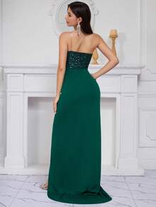 女士新款亮片拼接裹身裙，优雅无肩带派对礼服，鸡尾酒半正式舞会礼服，适合生日、婚礼嘉宾、毕业典礼、晚宴、返校节 - 墨綠色 - 查看 3