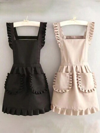 1 st snyggt koreanskt modeförkläde, prinsessförkläde, vattentätt matförkläde i kanvas med fickor, polyesterförkläde för kvinnor, enkelt svart förkläde med fickor, förtjockat midjeförkläde, moderiktiga hushållskläder för kök och hushåll