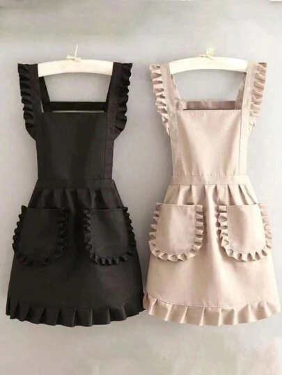 1 st snyggt koreanskt modeförkläde, prinsessförkläde, vattentätt matförkläde i kanvas med fickor, polyesterförkläde för kvinnor, enkelt svart förkläde med fickor, förtjockat midjeförkläde, moderiktiga hushållskläder för kök och hushåll