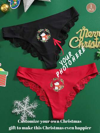 1pc Customized Christmas Women Lace Underwear, Sexy Ice Silk Printed Breathable Funny Panty, Customized Picture And Face