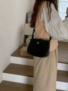 新款秋冬韩版绒面复古手提包百搭斜肩斜挎枕头包时尚波士顿女包 - 黑色 - 查看 1