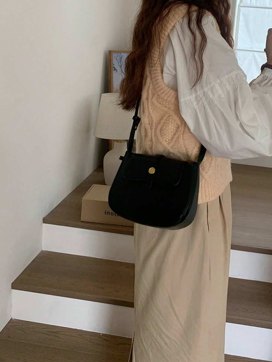新款秋冬韩版绒面复古手提包百搭斜肩斜挎枕头包时尚波士顿女包 - 黑色 - 查看 1