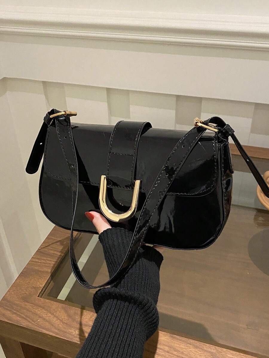 时尚女士复古马蹄扣手提包单肩包 - 黑色 - 查看 1